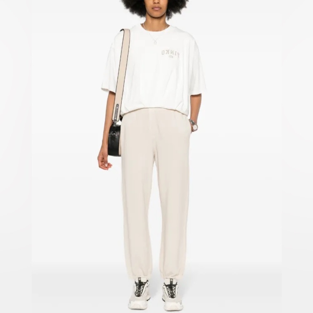 PINKO pure cotton white crop tee with pleated bubble hem and logo print size S